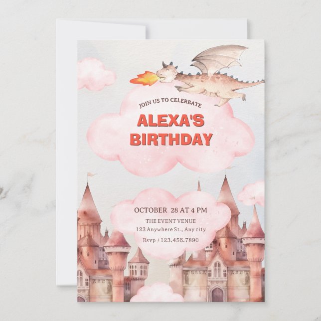 Cute dragon castle birthday invitation (Front)