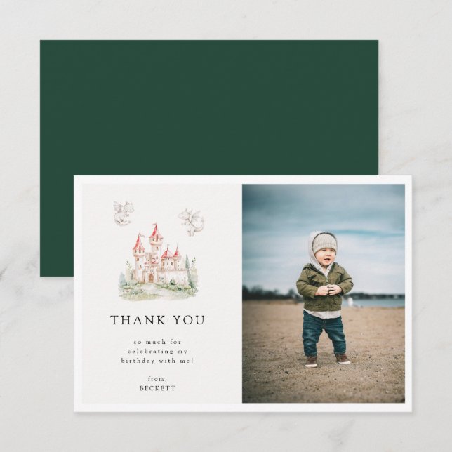Cute Dragon Castle Theme Birthday Party Photo Thank You Card (Front/Back)