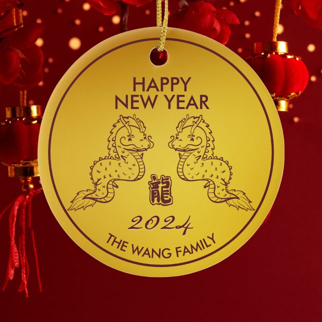 Cute Dragon Chinese New Year 2024 Gold Ceramic Tree Decoration (Send wishes for a prosperous Year of 2024 with our Dragon Wishes Ornament!)
