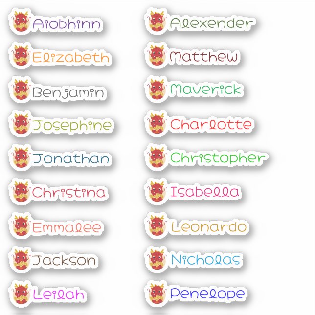 Cute Dragon Custom Multiple Names Stickers (Front)