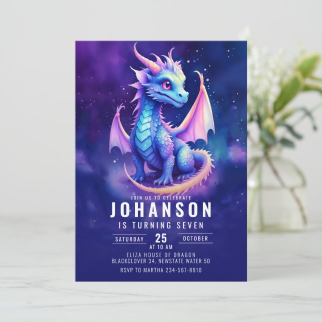 Cute Dragon Fantasy Dark Blue Birthday Party Invitation (Standing Front)