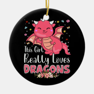 Cute Dragon Girl Loves Dragons Wings Fantasy Fire  Ceramic Tree Decoration