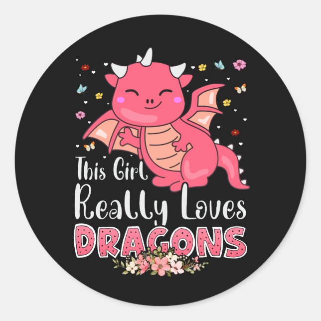 Cute Dragon Girl Loves Dragons Wings Fantasy Fire  Classic Round Sticker (Front)