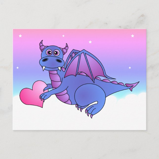 Cute Dragon Heart Postcard Blue - Pink -Purple (Front)