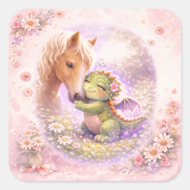 Cute Dragon & Horse Friendship Greeting Card Square Sticker (Front)