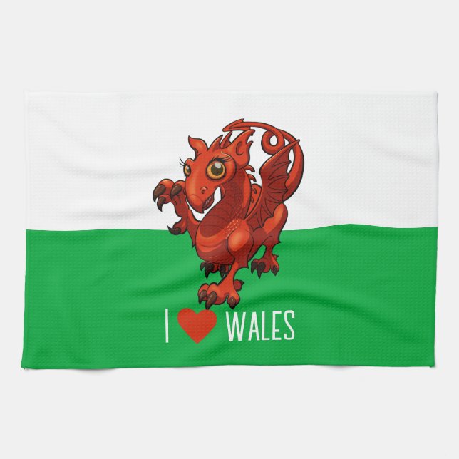 Cute Dragon I Love Wales Welsh Dragon Cartoon Tea Towel (Horizontal)