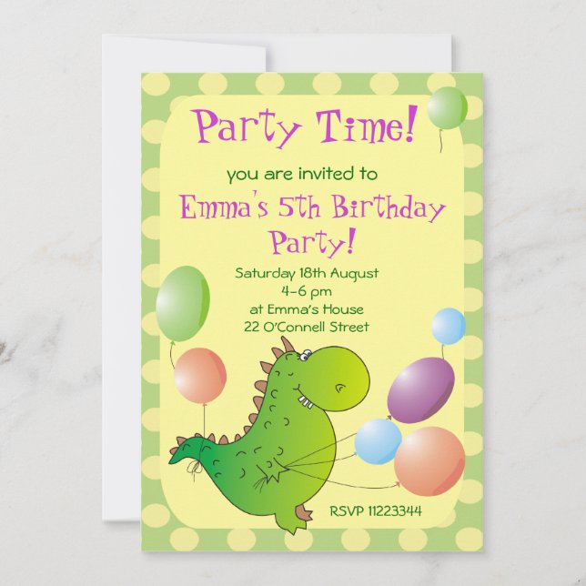 Cute Dragon Kids Party Invitation,Children's Party Invitation (Front)