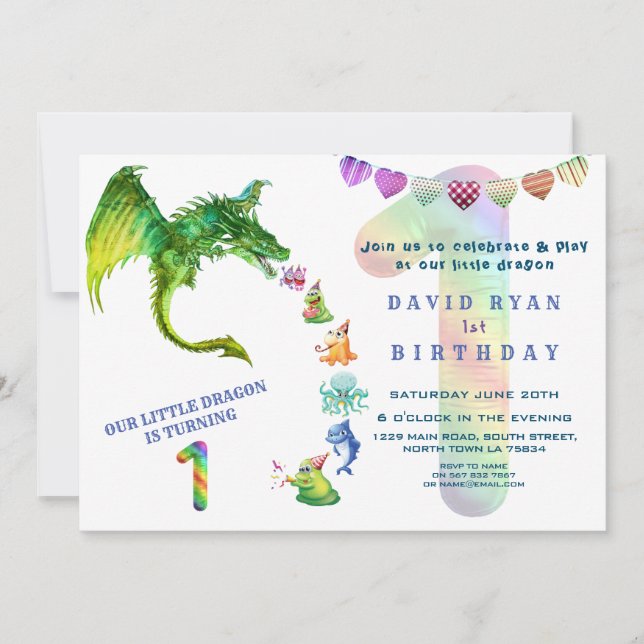 Cute Dragon Monsters Baby Photo 1st Birthday Invitation (Front)