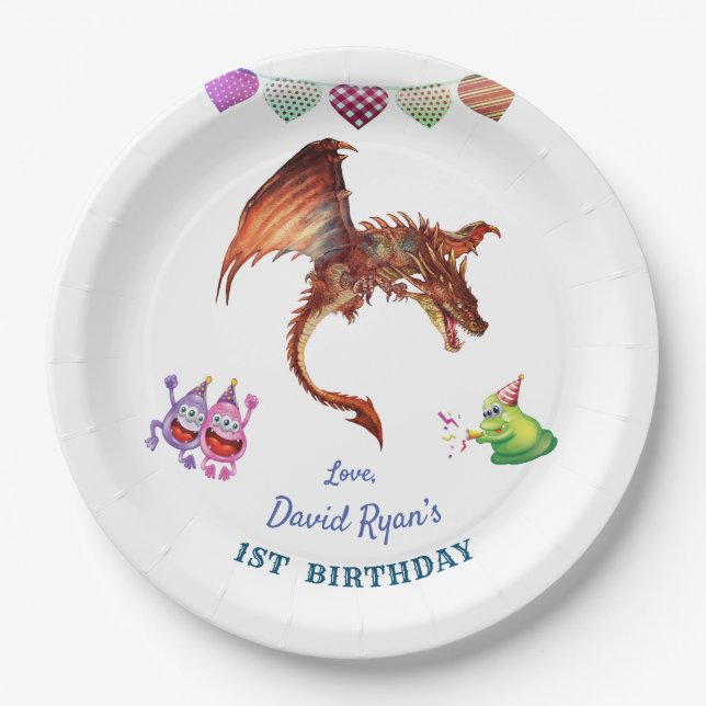 Cute Dragon Monsters Hearts Boy First Birthday Paper Plate (Front)