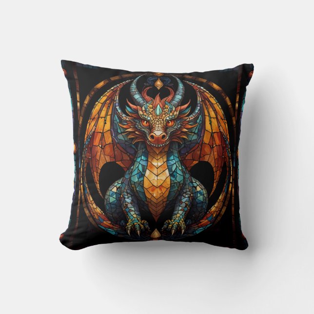 Cute Dragon Stained Glass Mosaic Design Cushion (Front)