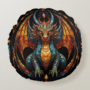 Cute Dragon Stained Glass Mosaic Design Round Cushion