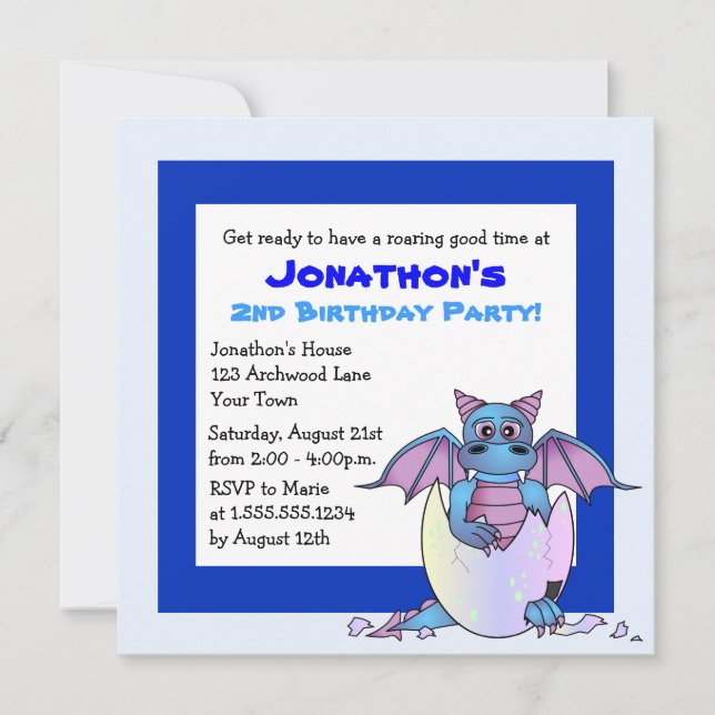 Cute Dragon Themed Child Birthday - Blue Invitation (Front)