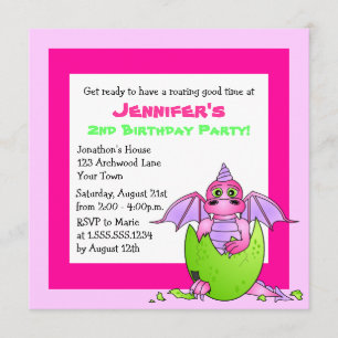 Cute Dragon Themed Child Birthday - Pink and Green Invitation