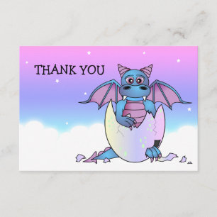 Cute Dragon Themed Thank You Flat Note Card - Blue