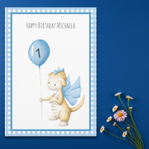 Cute Dragon with Balloon First Birthday Card