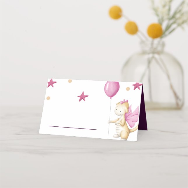 Cute Dragon with Balloon Girl Baby Shower  Place Card (Front)