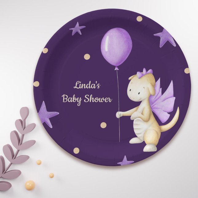 Cute Dragon with Balloon Purple Girl Baby Shower Paper Plate (Creator Uploaded)