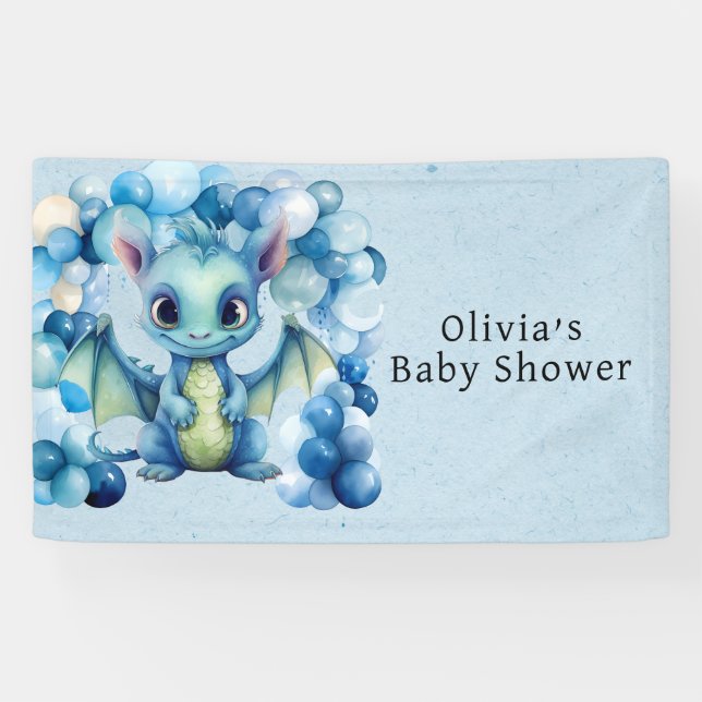 Cute Dragon with Blue Balloons Boy Baby Shower Banner (Horizontal)