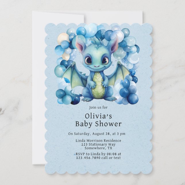 Cute Dragon with Blue Balloons Boy Baby Shower Invitation (Front)