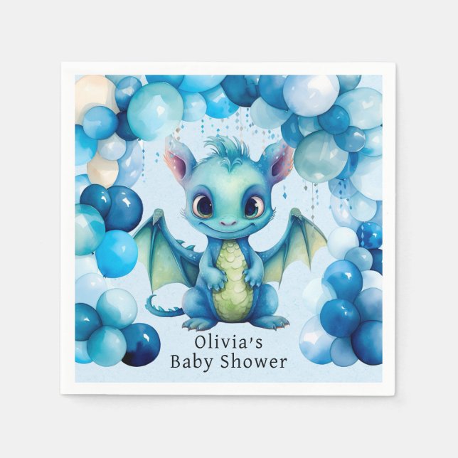 Cute Dragon with Blue Balloons Boy Baby Shower Napkin (Front)