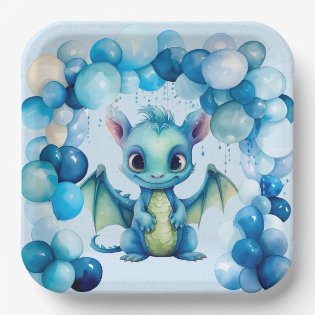 Cute Dragon with Blue Balloons Boy Baby Shower Paper Plate (Front)