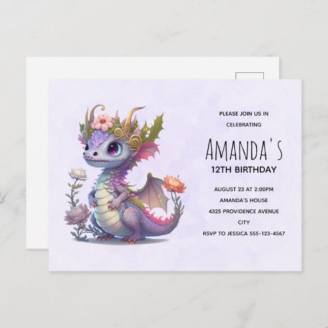 Cute Dragon with Elegant Crown Birthday Invitation Postcard (Front/Back)