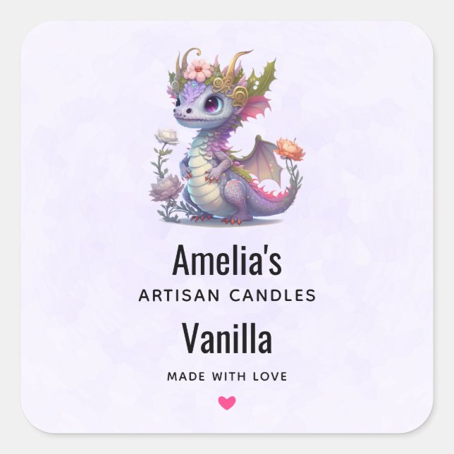 Cute Dragon with Elegant Crown -  Candle Business Square Sticker (Front)