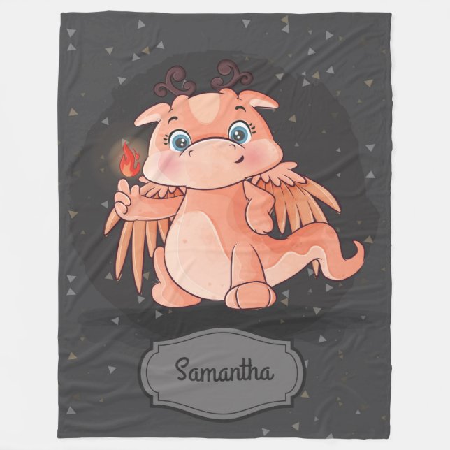 Cute dragon with fire grey and black boy baby fleece blanket (Front)