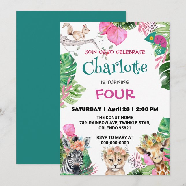 Cute dragon Zoo jungle Animals Birthday Floral  Invitation (Front/Back)