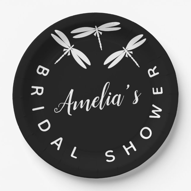 Cute Dragonflies  Black  Bridal Shower  Paper Plate (Front)