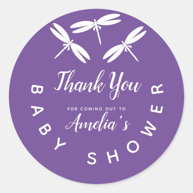 Cute Dragonflies  Purple Baby Shower Thank You Cla Classic Round Sticker (Front)