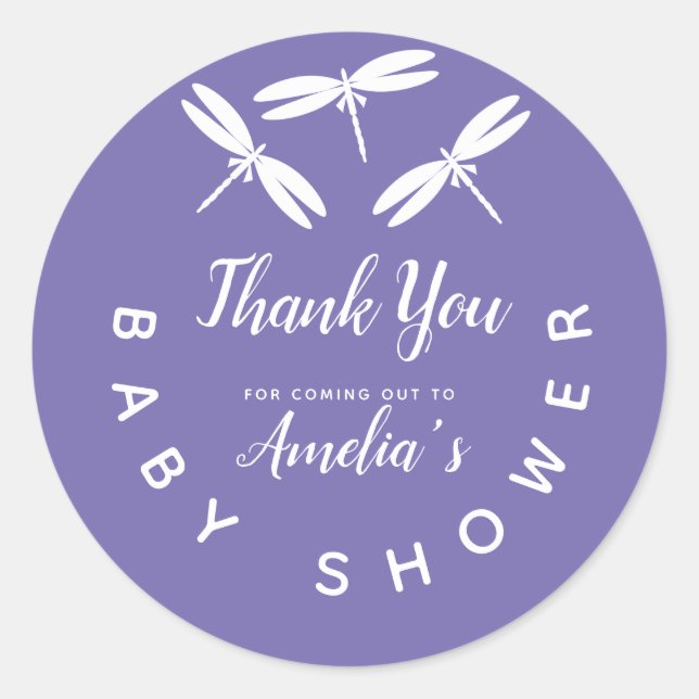 Cute Dragonflies  Purple Baby Shower Thank You Classic Round Sticker (Front)
