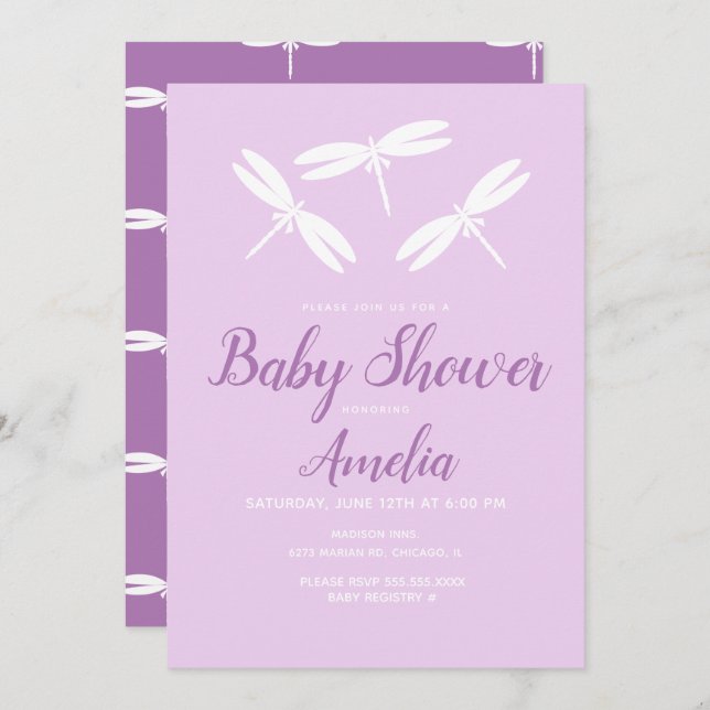 Cute Dragonflies  Violet Baby Shower   Invitation (Front/Back)