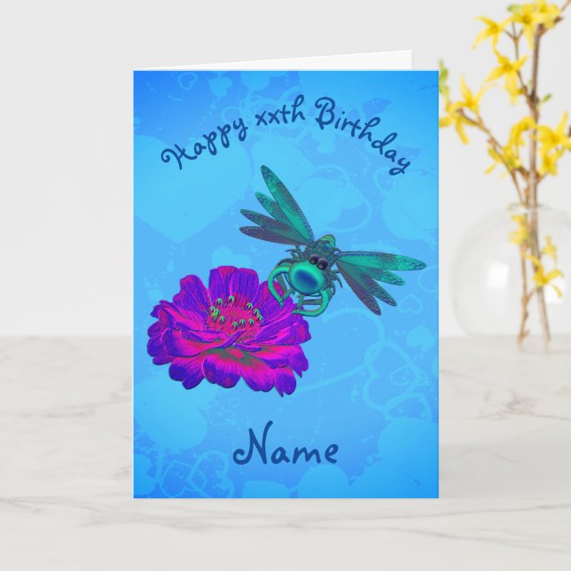 Cute Dragonfly On Flower Personalised Birthday  Card (Yellow Flower)