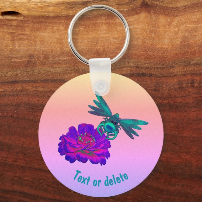Cute Dragonfly on Flower Personalized Key Ring (Front)