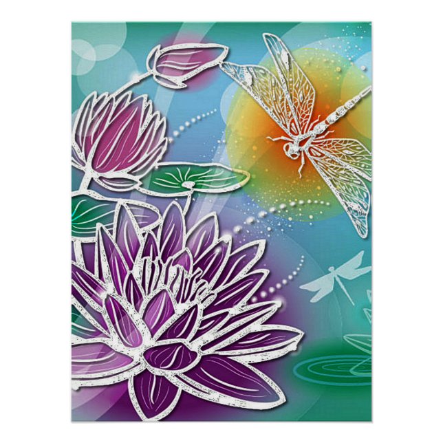 Cute Dragonfly Pretty Summer Modern Floral Art Poster (Front)