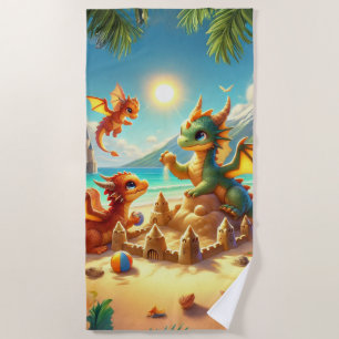 Cute Dragons Building Sand Castles On The Beach Beach Towel