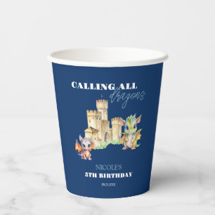 Cute Dragons Castle Fairytale Navy Kids Birthday Paper Cups