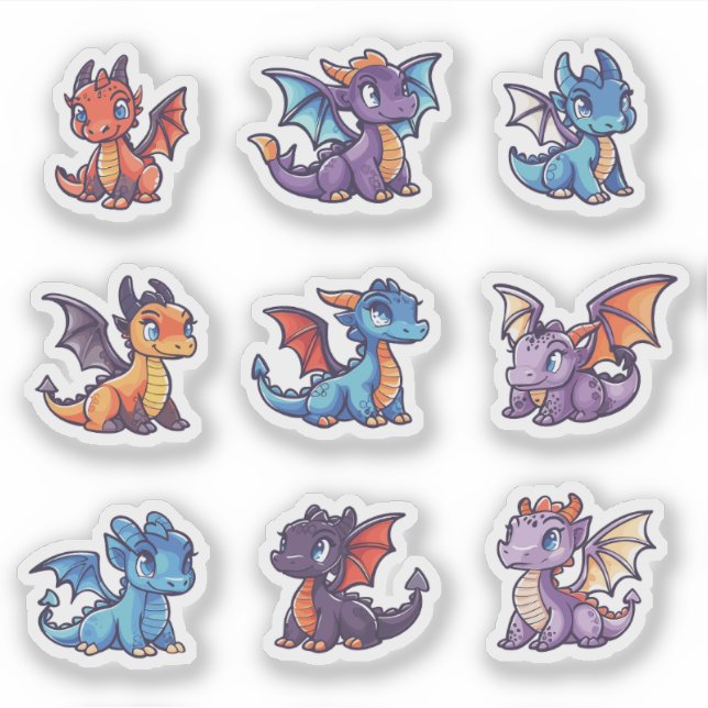 Cute Dragons Custom-Cut Vinyl Sticker Set (Front)