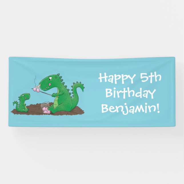 Cute dragons roasting marshmallows cartoon banner (Horizontal)