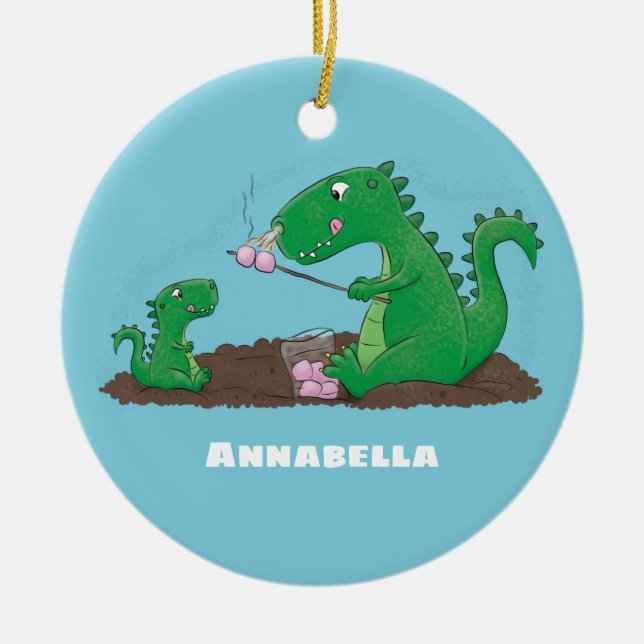 Cute dragons roasting marshmallows cartoon ceramic tree decoration (Front)
