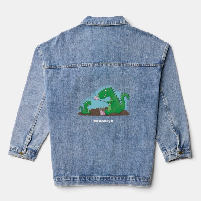 Cute dragons roasting marshmallows cartoon denim jacket (Back)