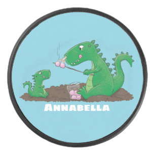 Cute dragons roasting marshmallows cartoon hockey puck