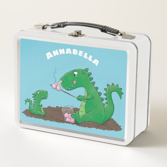 Cute dragons roasting marshmallows cartoon metal lunch box (Front)
