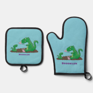 Cute dragons roasting marshmallows cartoon oven mitt & pot holder set