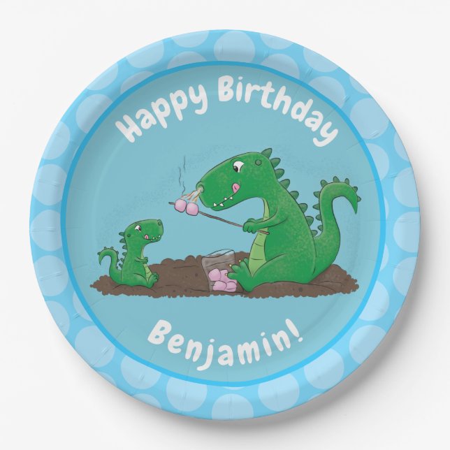 Cute dragons roasting marshmallows cartoon paper plate (Front)