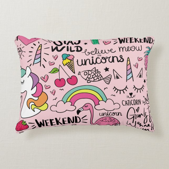 Cute drawings on pink seamless repeating pattern t decorative cushion (Front)
