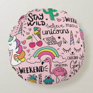 Cute drawings on pink seamless repeating pattern t round cushion