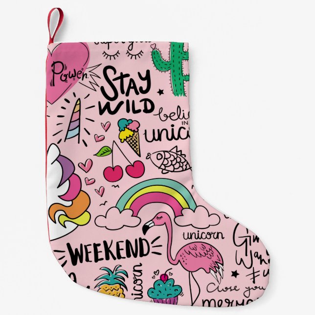Cute drawings on pink seamless repeating pattern t small christmas stocking (Front)