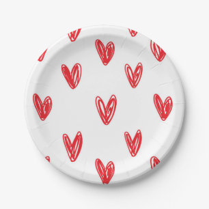 Cute drawn on style love hearts, red, paper plate